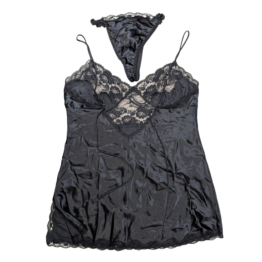 Premier‎ Collection Women's Large Black Satin Slip Dress & Panty Set